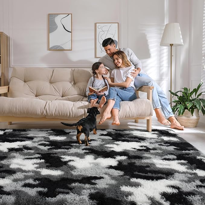 AROGAN Soft Fuzzy Kids Rugs for Girls Room Playroom 4x6 Feet, Fluffy Cute Colorful Princess Carpet for Kids Teens Nursery Toddler, Bedroom, Camouflage Black and White
