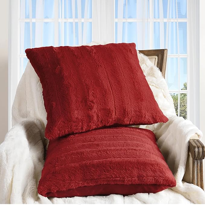 Cheer Collection Faux Fur Throw Pillows - Decorative Pillows for Couch, Bed Throw Pillows, Maroon Accent Pillows for Bedroom or Living Room Aesthetic, Set of 2 Furry Throw Pillows, 26" x 26"