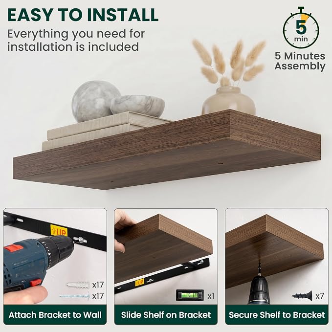 Floating Shelves for Wall 16 in x 9.3 in Deep, Wall Mounted Rustic Wood Shelf with Invisible Brackets for Storage & Display, Living Room Bedroom Bathroom, Walnut, 2 Pack