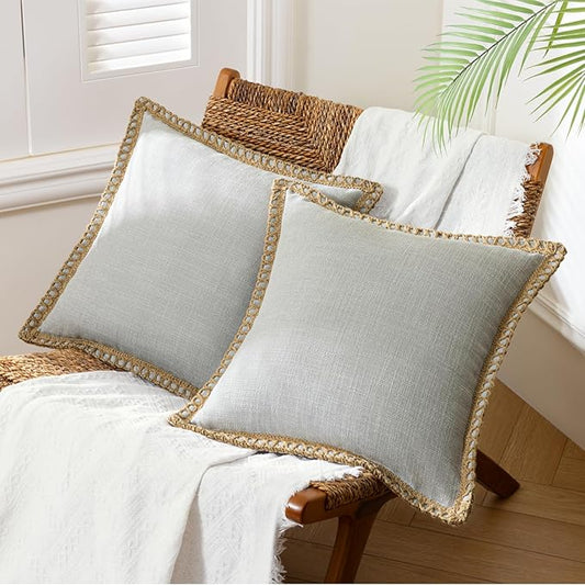 Phantoscope Pack of 2 Farmhouse Decorative Throw Decorative Pillow Cover Burlap Linen Trimmed Tailored Edges, Flax Gray, 20 x 20 inches, 50 x 50 cm
