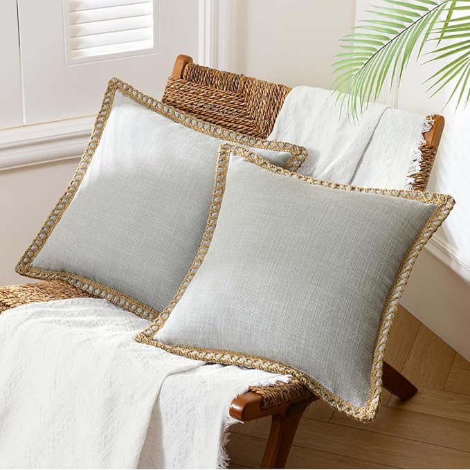 Phantoscope Pack of 2 Farmhouse Decorative Throw Decorative Pillow Cover Burlap Linen Trimmed Tailored Edges, Flax Gray, 18 x 18 inches, 45 x 45 cm