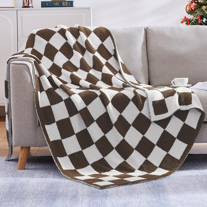 WRENSONGE Soft Checkered Throw Blanket for Couch-Cozy Warm Knitted Blankets | Lightweight Warm Fluffy Decor for Women, Mom, Her & Girls, Sofa, Chair, Bed, 50x70in, Coffee
