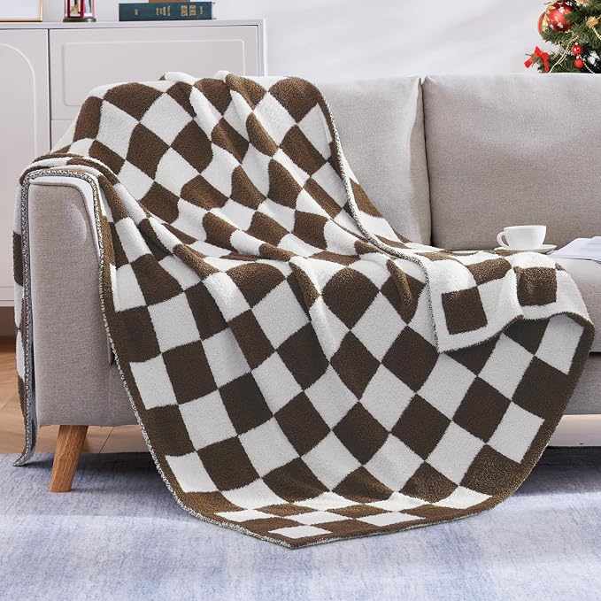 WRENSONGE Soft Twin Size Checkered Blanket for Bed-Cozy Knitted Blankets | Lightweight Fluffy Warm Decor for Women, Mom, Her & Girls, Sofa, Chair, Couch, 60x80in,Coffee