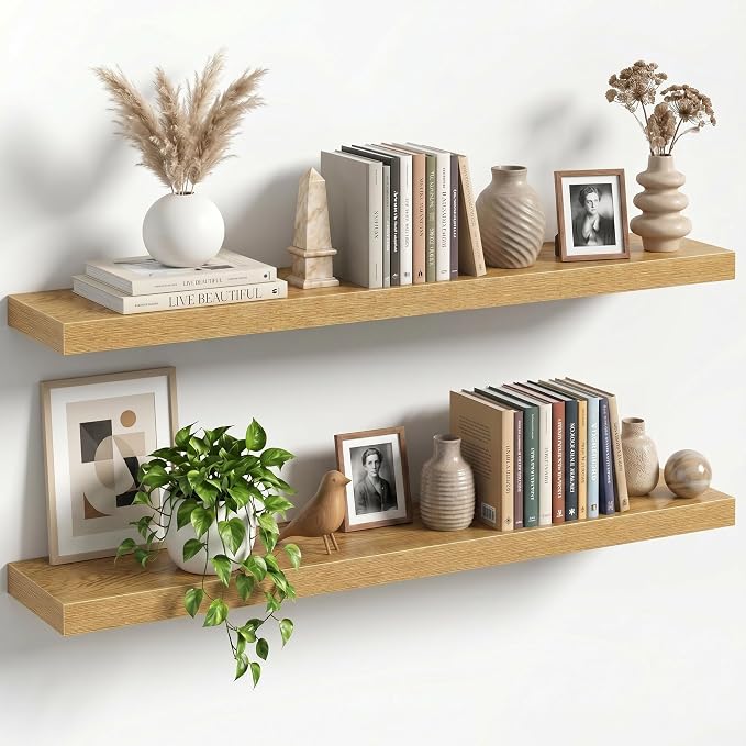 40" Floating Shelves for Wall, Set of 2, 8" Deep, 1.5" Thick, Oak Finish | Rustic Wood Wall Shelves with Invisible Brackets, Storage and Display for Bathroom, Bedroom, Living Room or Kitchen