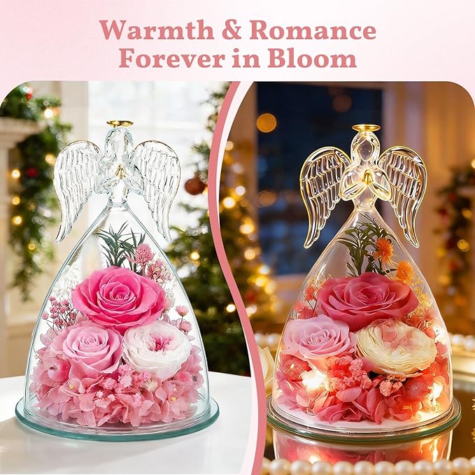 TranquilBliss Gifts for Mom, Flowers for Mother’s Day, Preserved Rose in Glass Dome with Light, Angel Figurines for Her Birthday, Valentine’s Day for Wife, Grandma, Women - Pink