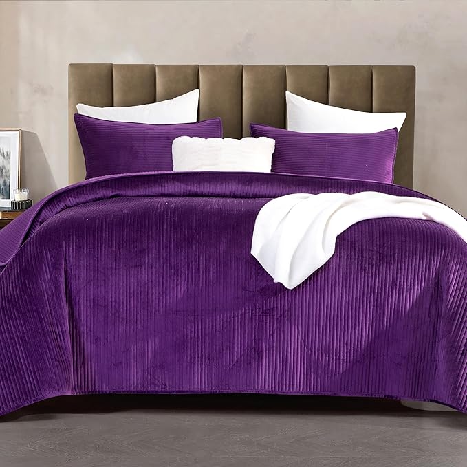 Elegant Comfort Luxury 3-Piece Velvet Corduroy Stripe Quilt Set, Ultra Soft Bedspread - Cozy Velvet Coverlet Set - 3PC Medium Weight Quilted Set with Matching Pillow Shams, Twin, Purple