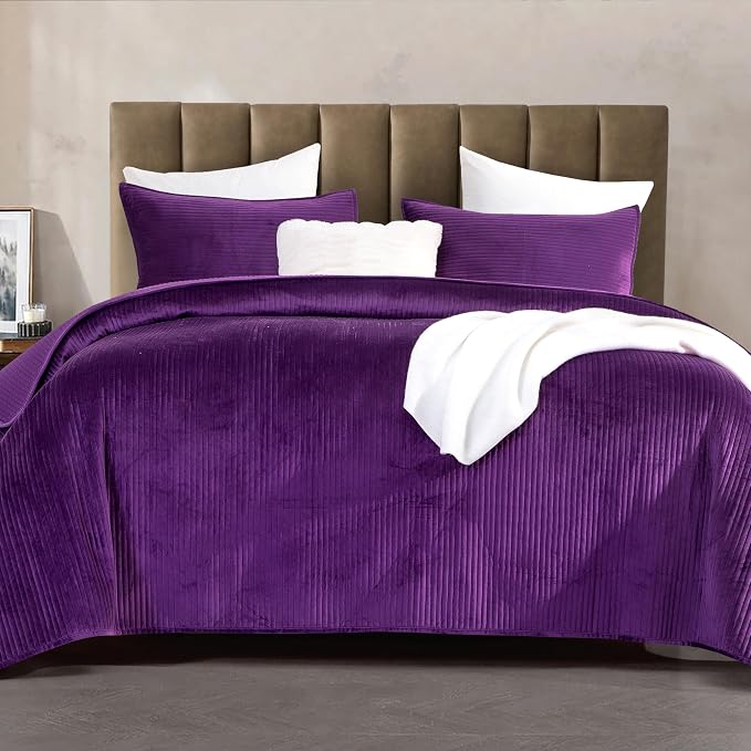 Elegant Comfort Luxury 3-Piece Velvet Corduroy Stripe Quilt Set, Ultra Soft Bedspread - Cozy Velvet Coverlet Set - 3PC Medium Weight Quilted Set with Matching Pillow Shams, King, Purple