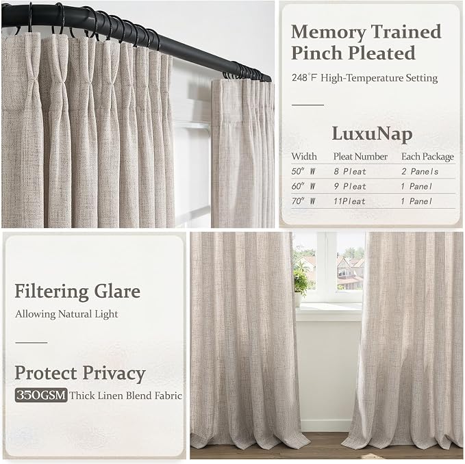 Memory Shape Pinch Pleated Curtains 102 Inches Long for Office Panels of 2, Greyish Brown Semi Sheer Natural Linen Textured Curtain Privacy Let Light in Classroom Heavy Drapes Windows Decor 50 Wx102 L