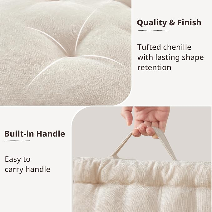 Intelligent Design Azza Floor Pillow, Large Cushions Sitting for Adults, Floor Pillow for Meditation or Yoga, Lustrous Chenille Tufted with Scalloped Edges for Bench/Chair Cushion, 24"x24"x5" Ivory