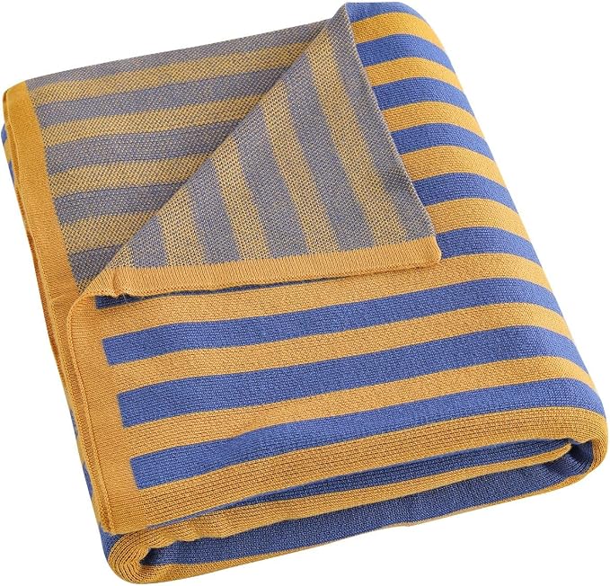BOV Knit Lightweight Throw Blanket - 100% Viscose Super Soft Breathable Comfy Decorative Throw Blanket for Chair Couch Sofa Bed, Perfect Self Care Gifts for Women & Men, Mustard & Navy Stripe 50"x60"