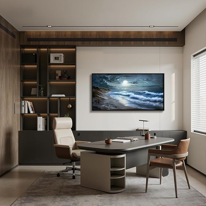imjiayu Beach Wall Art, Large Wall Decor, Black Framed Wall Art, Coastal Wave Decoration Painting, Seaside Moon Night Canvas Prints, Modern Ocean Pictures Wall Decor Living Room Bedroom Office 20"x40"