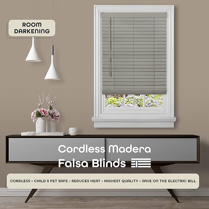 Cordless Room Darkening Plantation Blind - 36 Inch Width, 64 Inch Length, 2" Vinyl Slat Size - Grey - GII Madera Falsa Faux Wood, Light Filtering Horizontal Windows Blinds by Achim Home Decor