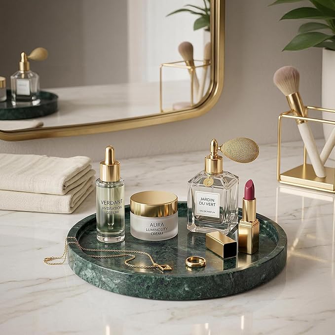 Natural Marble Decorative Tray for Bathroom Bedroom Kitchen, Large 10.6" Round Vanity Trays for Jewelry, Perfume, Cosmetic, Candle, Countertop Storage Organizer for Home Decor Green (WH110)