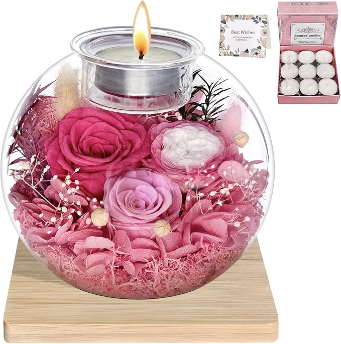 Preserved Roses Birthday Gifts for Her, Flower in Glass Dome with Scented, Flower for Women Mom Wife Daughter Girlfriend on Birthday Mothers Day Anniversary Valentines Day Christmas (Pink)