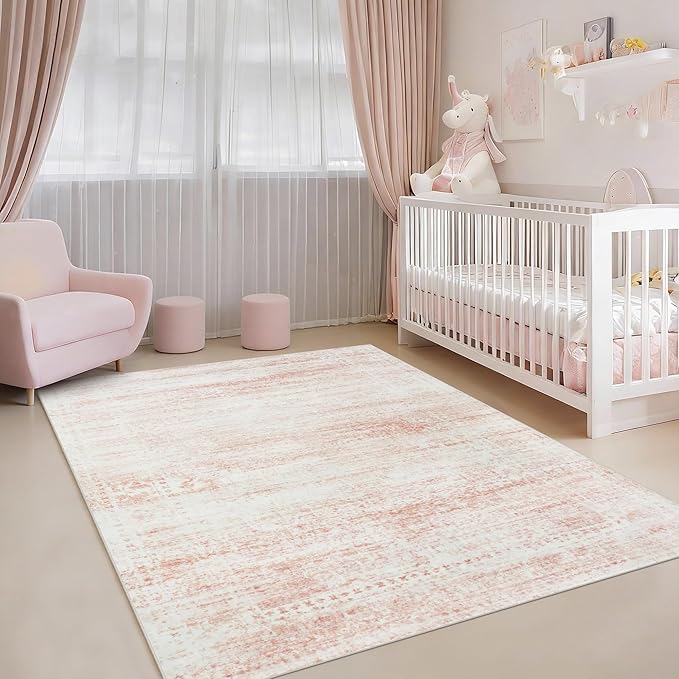 Srugn Washable Rugs 4x6 Area Rugs for Living Room,Bedroom,Kids Room,Nursery- Soft Faux Wool Small Carpets,Non Slip&Non-Shedding Low Pile Vintage Print Rugs for Enterway,Home Office Decor-Pink White