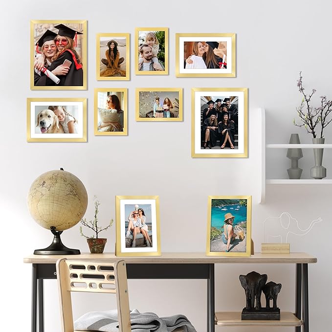 FIXSMITH 10 Pack Picture Frames Collage Wall Decor for Mounting or Tabletop Display, Gallery Wall Frame Set with Two 8x10 Gold Frames, Four 5x7 and Four 4x6 Frames, Multi-Pack Photo Frame Set