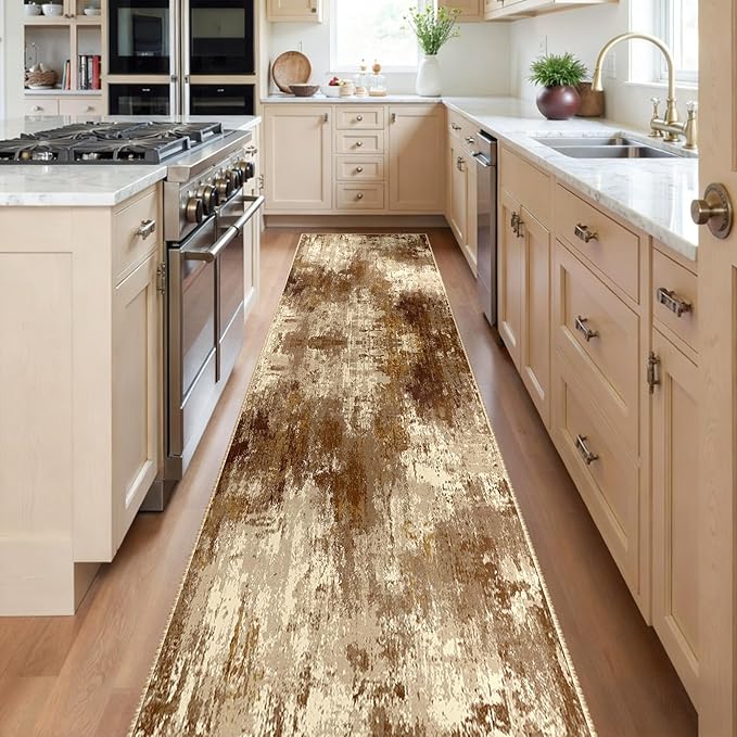 RELEANY Washable Area Rugs 2'x8' Non-Slip Modern Abstract Soft for Living Room Entryway Bedroom Nursery, Print Pattern, Brown Tan Beige Coffee