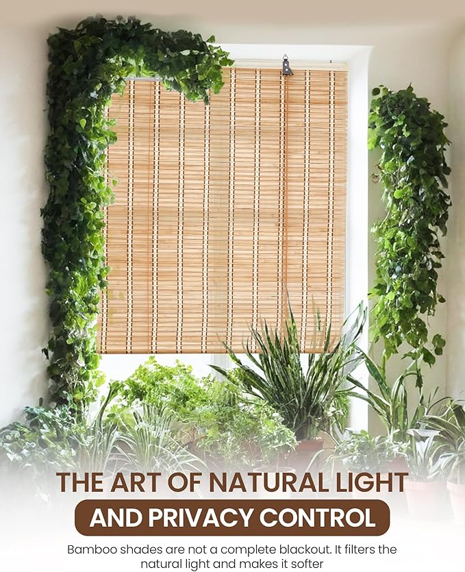 24" Wx72 H Bamboo Blinds Roller Shades for Indoor Windows, Blackout Bamboo Curtain Roll Up wiht Cord, Privacy Roman Shade for Interior/Exterior Windows, Mounting Hardware Included