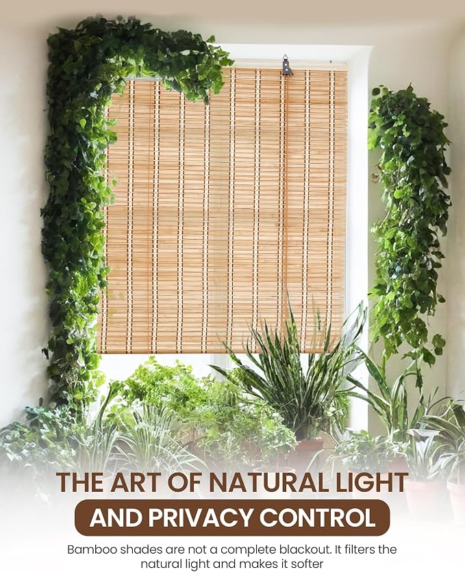 35" Wx72 H Bamboo Blinds Roller Shades for Indoor Windows, Blackout Bamboo Curtain Roll Up wiht Cord, Privacy Roman Shade for Interior/Exterior Windows, Mounting Hardware Included