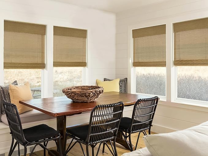 LazBlinds No Tools No Drill Cordless Bamboo Roman Shades, Light Filtering Window Treatment, Roll Up Bamboo Blinds for Windows 35'' W x 64'' H, Acorn