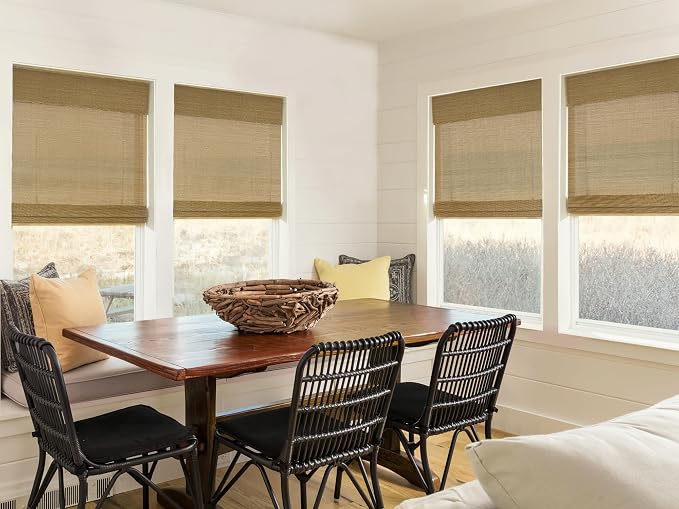 LazBlinds No Tools No Drill Cordless Bamboo Roman Shades, Light Filtering Window Treatment, Roll Up Bamboo Blinds for Windows 28'' W x 64'' H, Acorn