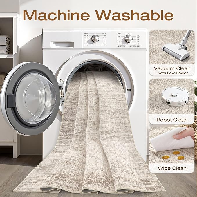 4x6 Rug Washable Area Rugs: Neutral Abstract Soft Modern Stain Resistant Small Indoor Floor Non-Slip Low Pile Throw Carpet for Entryway Kitchen Bedroom Nursery Kids Office Playroom Home House