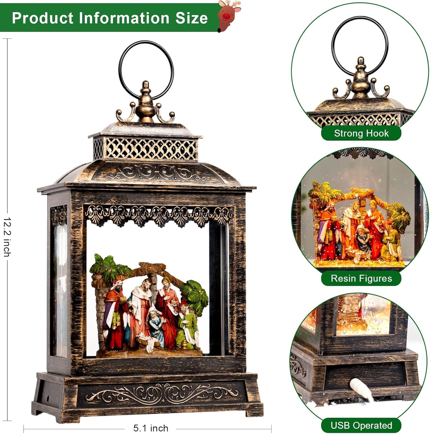 Christmas Snow Globes Lantern Christmas Snow Globe with Music Nativity Scene,6H Timer,USB Lined/Battery Operated Lighted Lantern for Christmas Festival Decoration Gifts