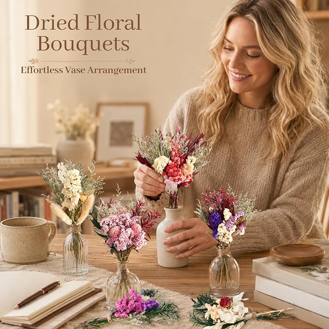 12/24PCS Handmade Dried Flower Bouquet with Stems Natural Dried Wildflowers 7.5 Inch Mini Dry Flowers for Vase Farmhouse Decor, Wedding Styling, Photography Props, Gift DIY(24pcs, Colorful)
