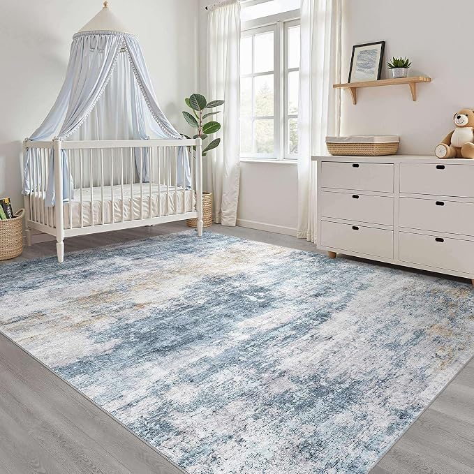 6x8 Area Rugs Living Room: Washable Large Neutral Rug Abstract Soft Modern Stain Resistant Indoor Floor Non-Slip Carpet for Bedroom Nursery Kids Office Playroom Dining Room Under Table- Blue Gold