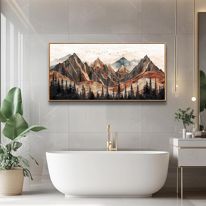 XIGUANGART Mountain Framed Wall Art, Long Horizontal Mountains Wall Decor, Pine Trees Nature Wall Painting, Modern Rustic Farmhouse Landscape Art Prints for Bedroom Office Decoration 20"x40"