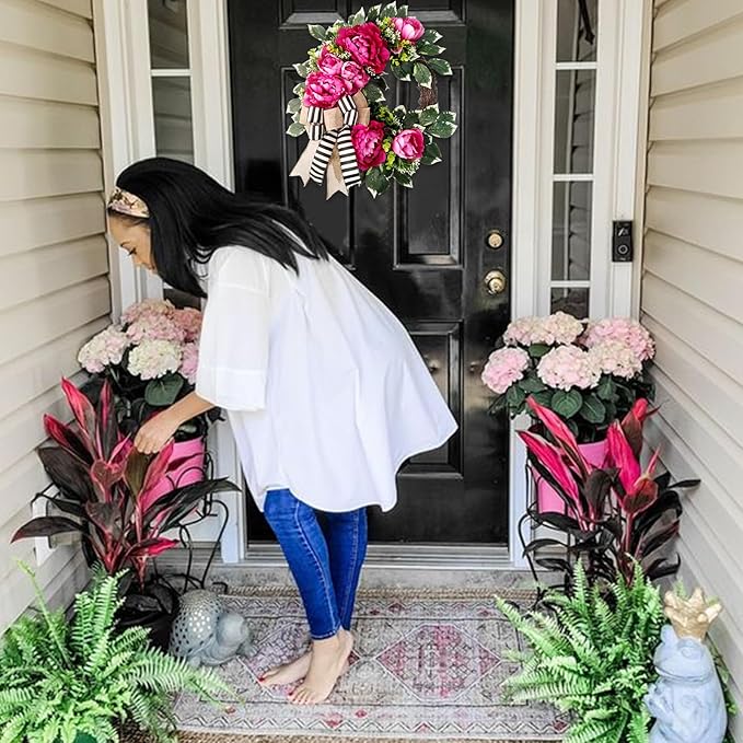 Spring Summer Wreath for Front Door,hot Pink Peony Wreath, Valentine Decor,Housewarming Gift, Wedding Door Decoration,Farmhouse Porch Decor, 20 inch