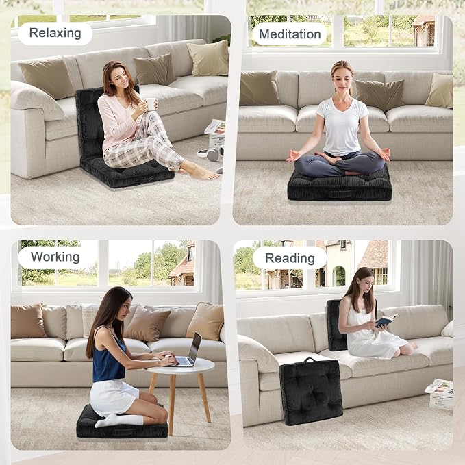 Meditation Floor Cushion Set of 2, 22x22 Tufted Floor Cushion for Adults, Square Large Meditation Cushion Pillow, Corduroy Sitting Pillow with Handle, Yoga Seating for Tatami, Dark Grey