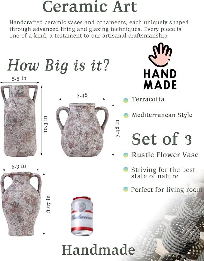 Ceramic Vase Set of 3 with Handles, Aged Terracotta Finish | Handmade Ceramic Vases with Glazed Interiors and Aged Terracotta Texture for Tables, Shelves, Mantels and Flowers