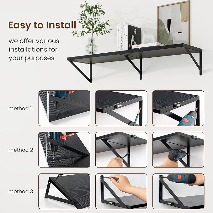 Axeman 10 Inch Deep Black Floating Shelves for Wall Set of 2 | 24 Inch Black Wood Shelves for Books, 24'' x 10'' Black Shelves for Living Room Bathroom Kitchen