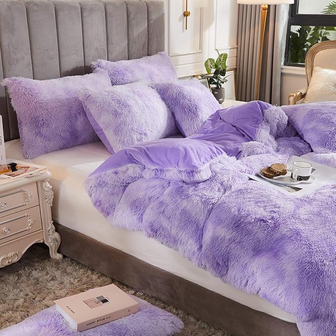 Tie Dye Printed Faux Fur Bedding Set Modern Abstract Shaggy Plush Duvet Cover with Pillow Shams, Ultra Soft Warm (King, Tie Dye Lilac)