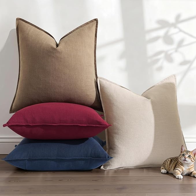 decorUhome Summer Decorative Linen Euro Sham Throw Pillow Covers 24x24 Inch Set of 2 Light Brown Pillow Covers with Flange Edges Soft Farmhouse Boho Accent Pillow Cases for Couch Bed Living Room