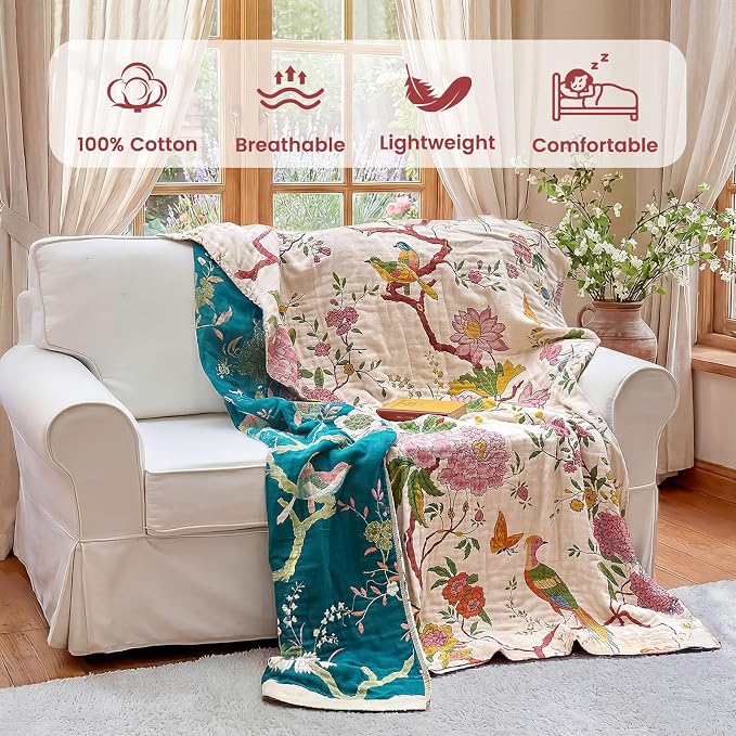 MSGKV The Boho Layer: 50"x60" Cotton Throw Blanket – Lightweight & Reversible Chinoiserie Floral & Bird Pattern, Summer Decorative Accent for Couch Snuggles, Bed Layers & Road Trips