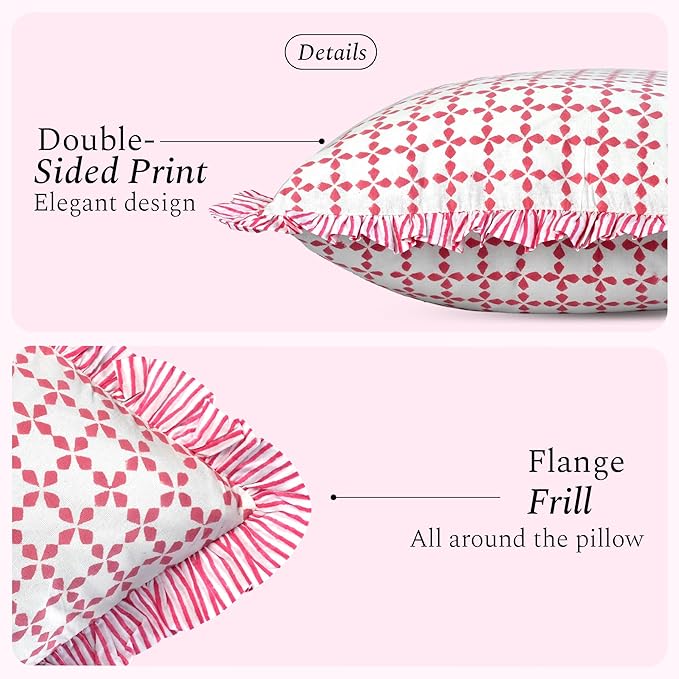 CPC Magenta Pink Hand Block Print 100% Cotton Ruffle Throw Pillow Cover 20x20 inch with Hidden Zipper Decorative for Couch, Bed, Sofa, Farmhouse, Cottagecore Decor Gift Christmas Fall Thanksgiving