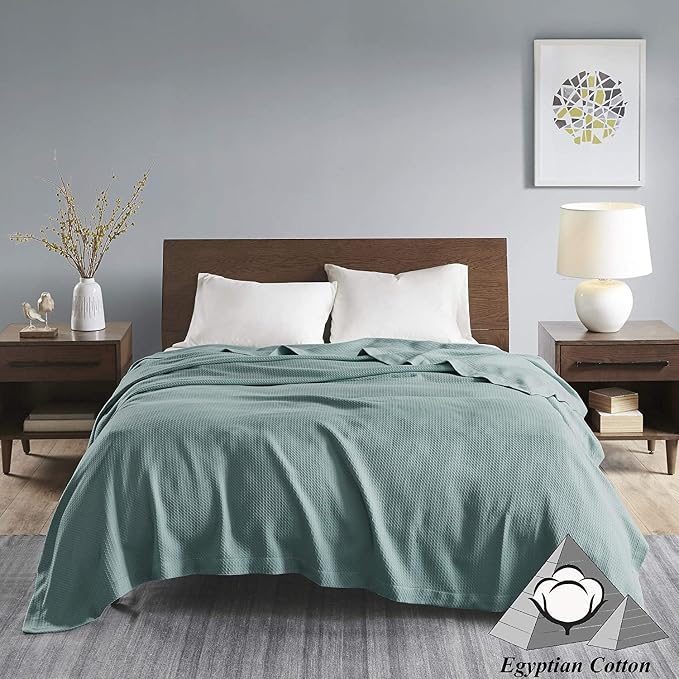 Madison Park 100% Egyptian Cotton Lightweight Summer Blanket, Breathable Waffle Knit Design, Soft Cozy All-Season Throw for Bed, Couch or Sofa, Teal King Size (108"x90")