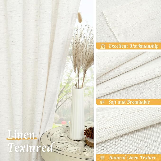 LAMIT Natural Ivory Linen Curtains for Windows 2 Panels Set, 48 Inch Faux Linen Textured Light Filtering Drapes Soft Rod Pocket Boho Privacy Panels for Farmhouse/Loft, 42 x 48 Inch