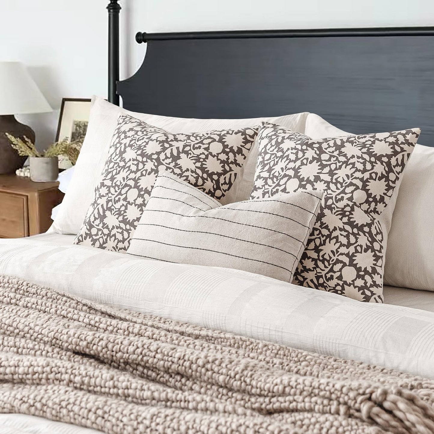 Foindtower Set of 2 Decorative Neutral Floral Throw Pillow Covers Accent Farmhouse Cushion Covers Boho Vintage Pillowcase for Couch Sofa Bedroom Living Room Home Decor Outdoor,24×24 Inch,Rustic Gray