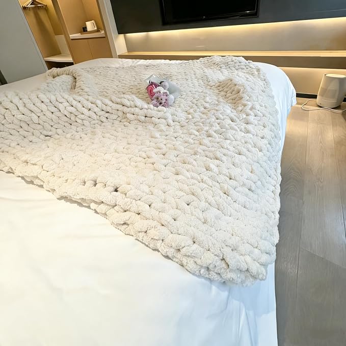 Soft Chunky Knit Throw Blanket for Couch, Cozy Warm Knitted Blankets | Hand Knit with Jumbo Chenille, Lightweight Warm Fluffy Decor for Women, Mom, Her & Girls, Sofa, Chair, Bed, 40"×40" (Beige)
