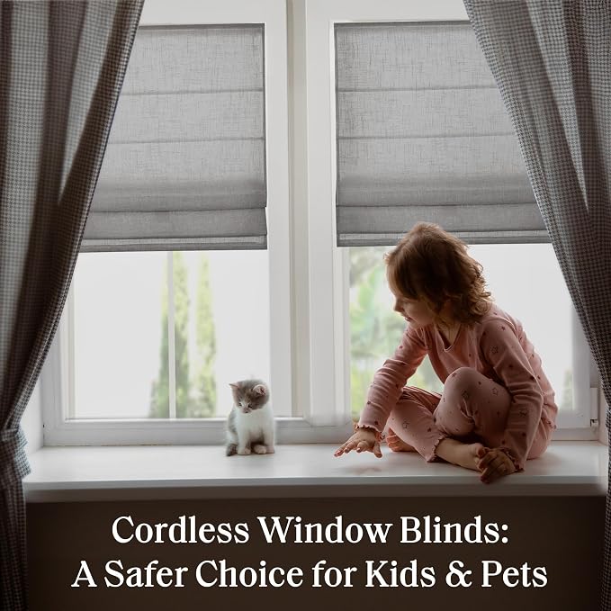 Madison Park Kyler Cordless Roman Shades - Single Panel, Lightweight Linen Blend Fabric, Natural Design, Easy Installation, Light Filtering Window Blind, Bedroom, Living Room Decor 29" W x 64" H Grey