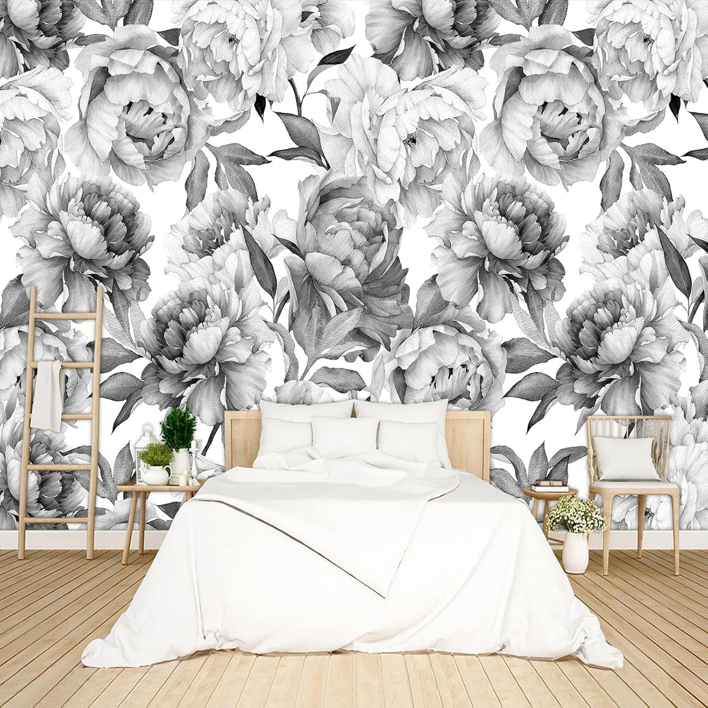 Grey Peony Floral Wallpaper Peel and Stick Wall Mural for Bedroom Living Room - 85"x118"