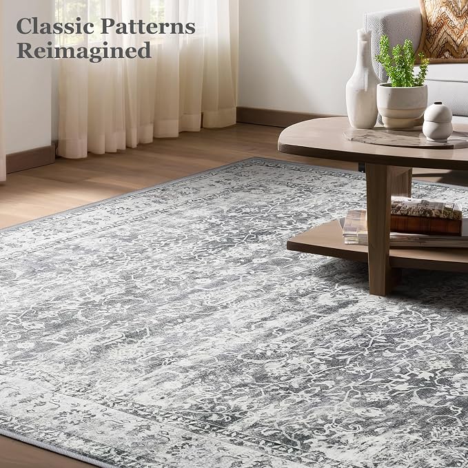 Washable Gray 5x8 Area Rugs, Neutral Vintage Grey and Ivory Carpet for Living Room Bedroom, Low Pile Thin Rug with Non Slip Rubber Backing for Dining Room Home Office