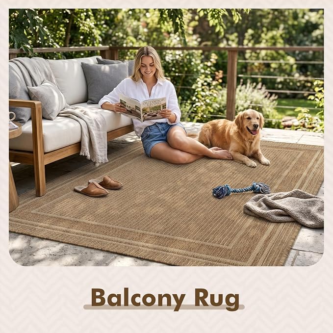 MontVoo-Outdoor Rug-Patio Rug 5x7 ft Polypropylene Indoor Outdoor Rugs Outdoor Carpet for Patio Deck Balcony Porch, Textured Weave, Durable for High Traffic, Fade-Resistant, Modern Neutral Brown
