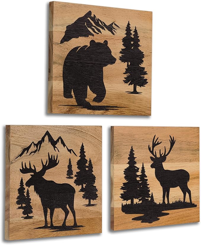 HomeRustique Real Wooden Cabin Decor with Bear, Deer & Moose (Set of 3) - Rustic Mountain & Forest Wall Decor, Woodland Lodge Art for Home, Living Room, Hunting Theme or Bathroom