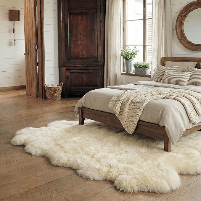 Super Area Rugs Premium Genuine Sheepskin Rug 5' x 6' Long Fur Soft & Natural Shaggy Living Room Rug, Champagne Cream, Six Pelt