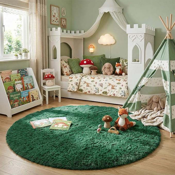 Amdrebio Dark Green Fluffy Round Rugs 5Ft for Bedroom, Thick Floor Circle Rug for Kids, Teens Room Decor, Furry Shag Area Rug for Living Room, Baby Nursery, Dorm, Fuzzy Plush Fur Emerald Green Carpet