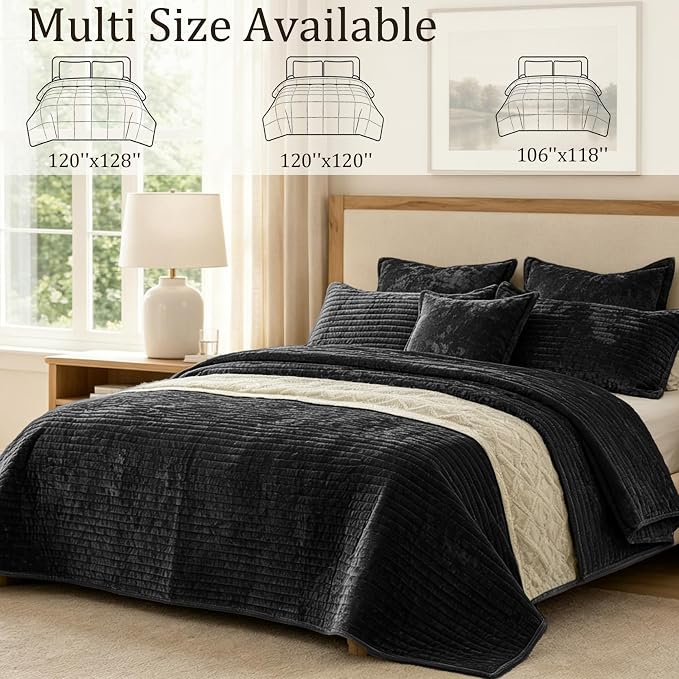 Luxury Velvet California King 106x118 in Quilt Set 3 Piece Quilted Bedspread with 2Pillow Shams(20x36) Ultra Soft Coverlet All Season Bedding for Farmhouse Modern Bedroom Sofa,Black